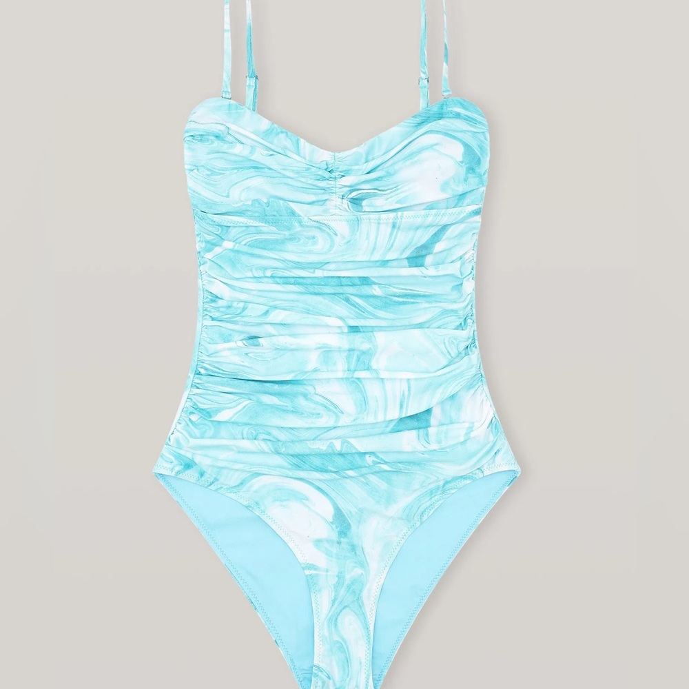 Ganni |  Recycled Printed Gathered Swimsuit in Bachelor Blue